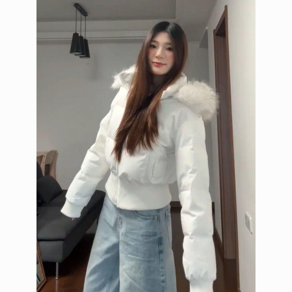 Winter new waist warm short bread jacket fashion fur collar hooded white cotton dress schoolgirl
