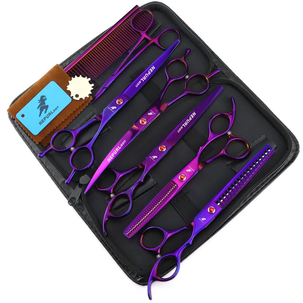 Juego de tijeras de peluquería para mascotas de 7.0 colores: tijeras planas, tijeras curvas, tijeras con dientes de espina de pescado, tijeras finas, multicolor. Incluye el logotipo de Just Combed.