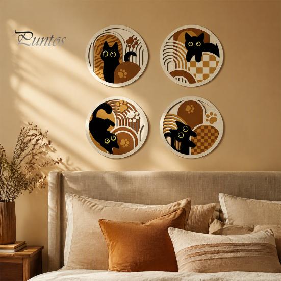 Minimalist Pet Home Decor 4Pcs Wooden Cat Wall Decor, 2D Flat Geometric Hollow Art Prints Modern Bedroom Accents Art, Hanging Signs for Living