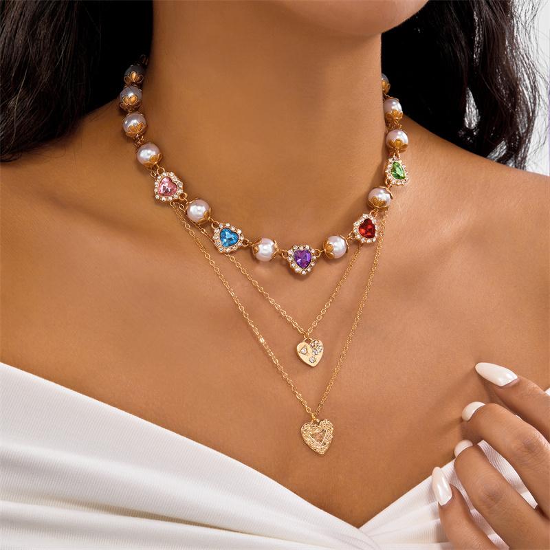 Delicate Rainbow Zircon Heart Necklace for Women Elegant Imitation Pearl Pendant Necklace Girls Party Jewelry Accessory