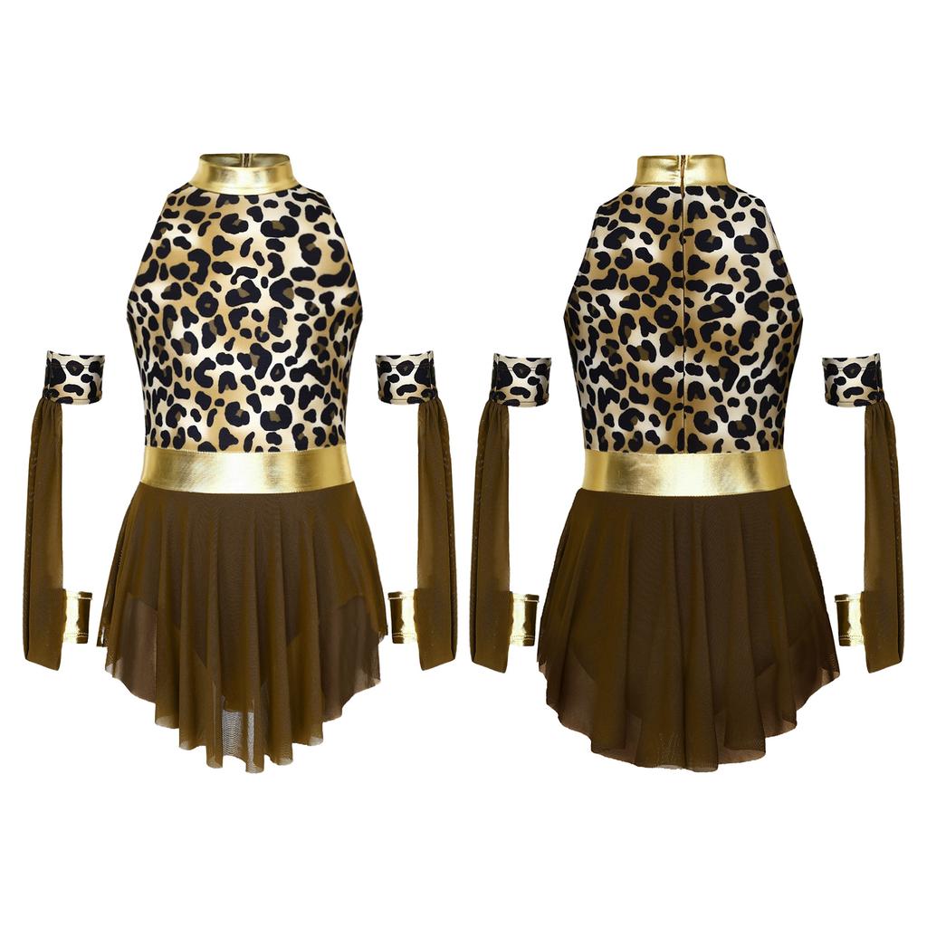 Girls Prehistoric Costume Leopard Print Dress with Built-in Briefs & Oversleeves Metallic Gloss for Performance
