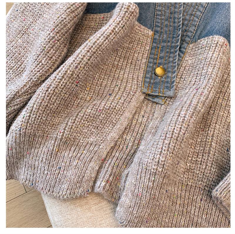 Women's Vintage Denim Patchwork Sweater Coat Woman Autumn and Winter Thickened Loose Cardigan