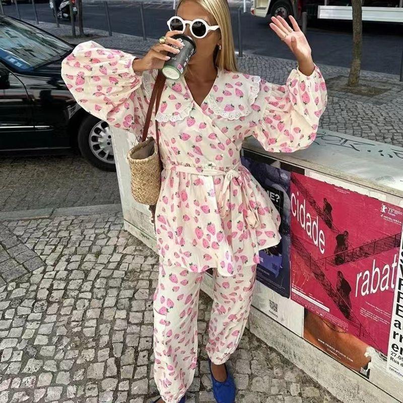

Fashion Strawberry Print Doll Collar Lace up Tops Upper Blouse and Pants Printed Top and Pants Set Pink L