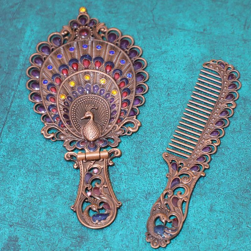 Tuban - Set: Castle / Butterfly / Peacock Alloy Handheld Mirror + Hair Comb (Various Designs)