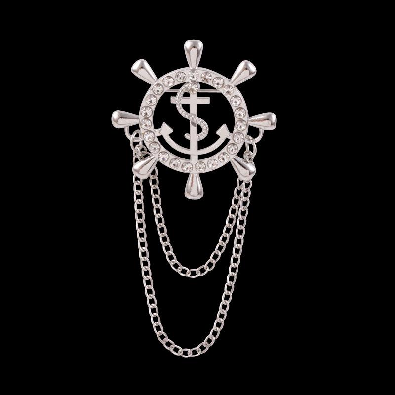 Retro Japanese & Korean Nautical Brooch with Chain Tassel, Anchor & Rudder Design for Men & Women