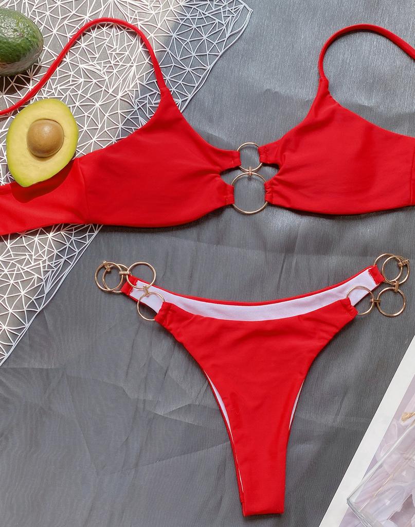 Women's Swimsuit Solid Color Simple Ring Sexy Bikini Two-piece Swimsuit Beachwear Bathing Suits