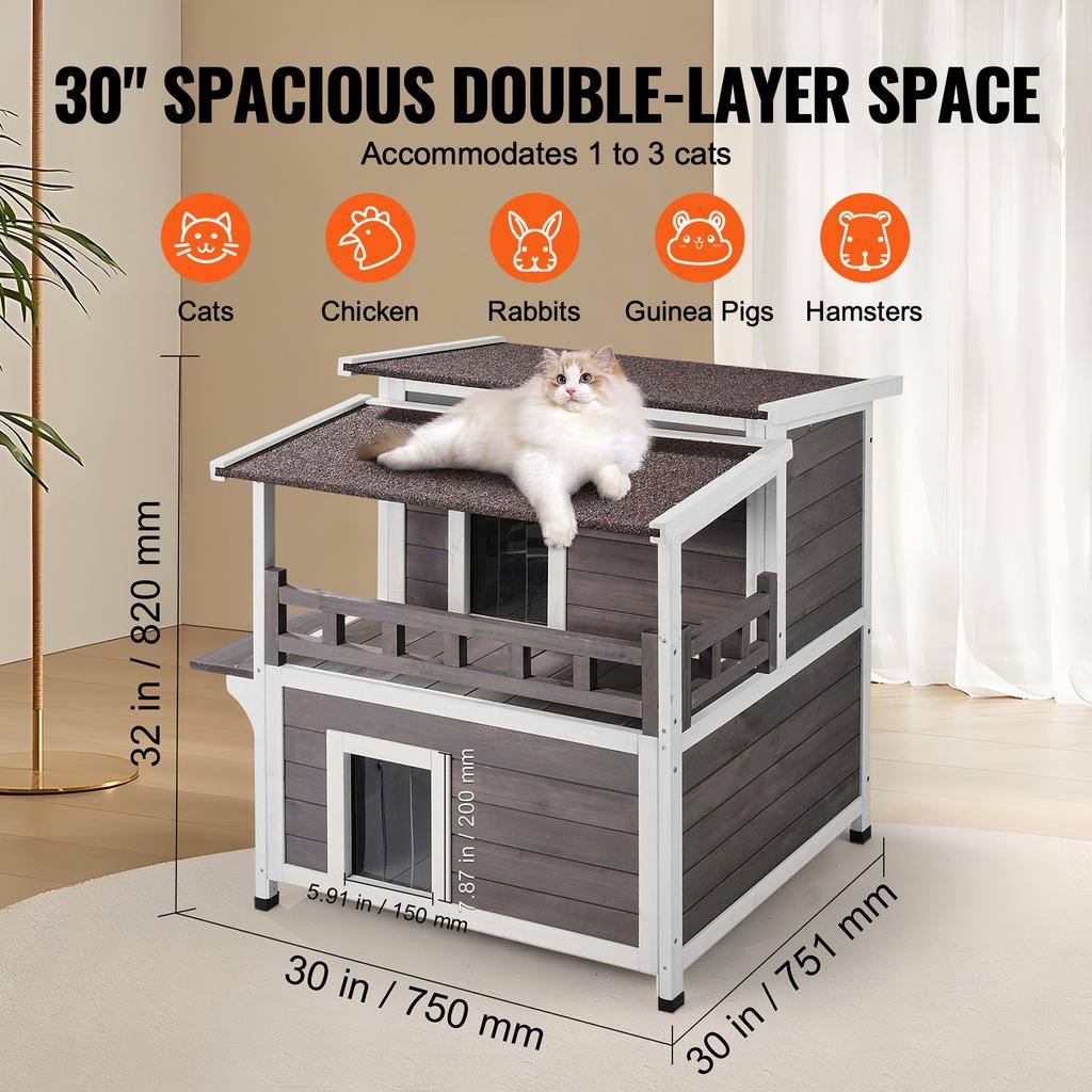 VEVOR Outdoor Cat House Weatherproof, Feral Cat Shelter for Multiple Cats, 2-story Large Outdoor Wooden Cat House with Balcony, Doors