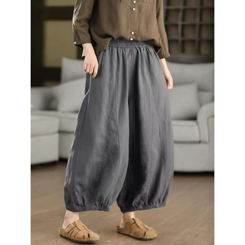 Women's Elastic Waist Wide Leg Cropped Pants Loose Fit Casual Linen Style Trousers