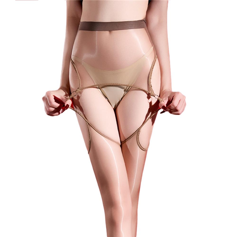 Sexy Women 3D Thin Open Crotch Pantyhose Sheer See Through Oil Glossy Shiny Stockings Stripe Maid Tights Stockings Hollow Out