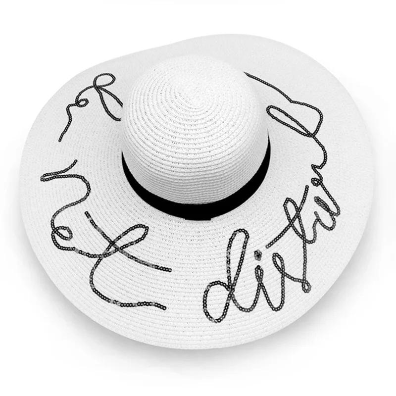 Соломенная шляпа с вышитым письмом и большим козырьком, женская летняя шляпа от солнца, пляжная складная шляпа с солнцезащитным кремом White