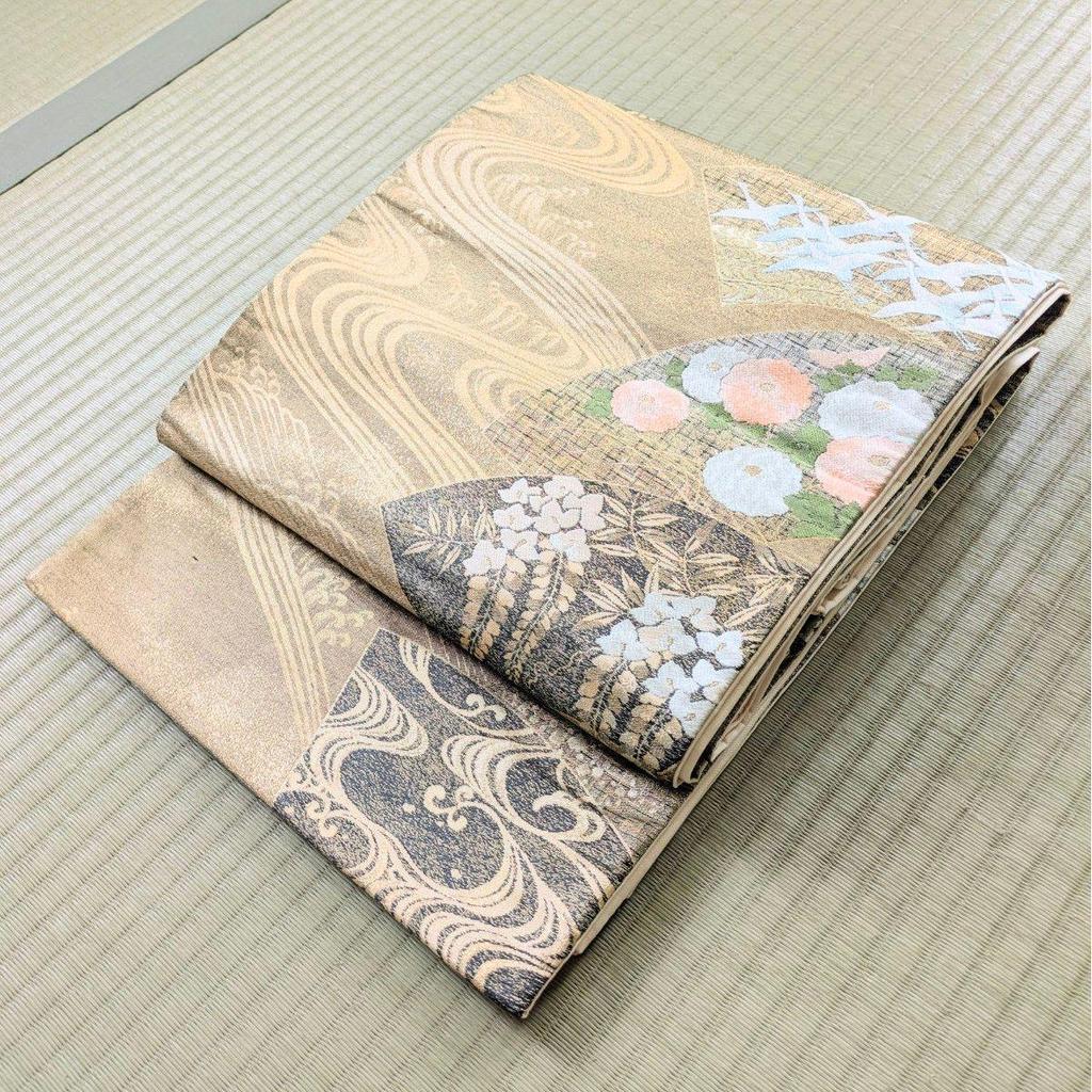Used Nishijin-ori Six-panel Fukuro Obi with Certificate, Karori, Chiri-nagashi Kasen-cho, Gold and Silver Threads, Pure Silk, Beautiful Condition,