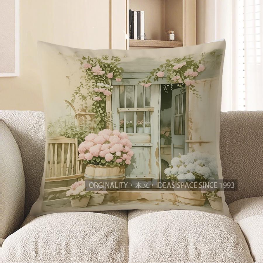 Home Decor Floral Cottage Door Pattern Throw Pillow Pattern Cushion Cover Suitable for Sofa Bedroom Car Pillow Cover