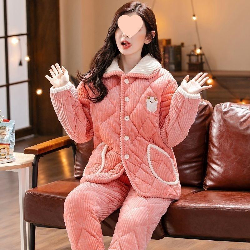 Pajamas women's winter warm winter fleece thickened coral fleece three layers of cotton autumn and winter women's loungewear