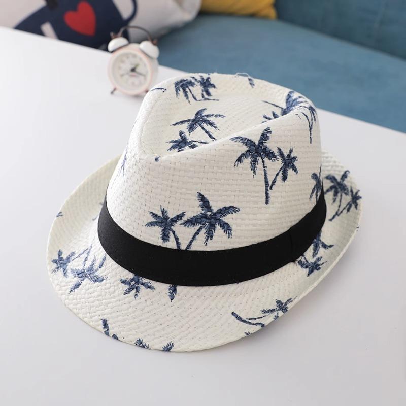 

Цилиндр Мужская соломенная шляпа с полями Джазовая шляпа Летняя соломенная шляпа с кокосовой пальмой Принт Пляжная шляпа от солнца One Size