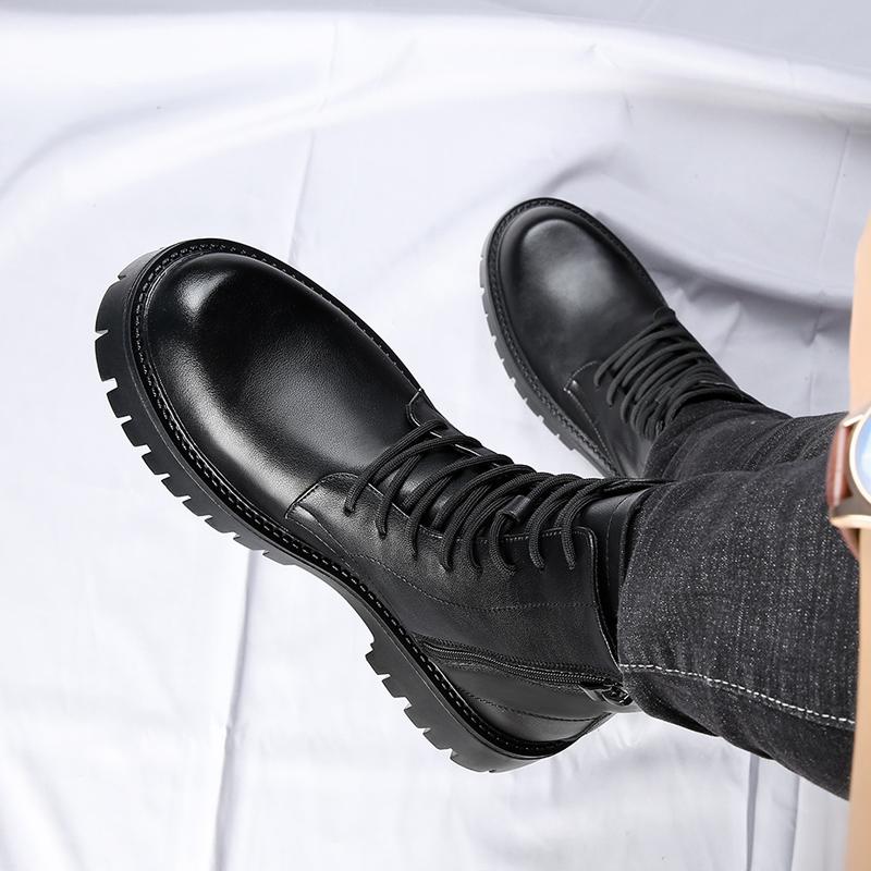 Autumn New Men Comfortable Genuine Leather British Style Thick Bottom Boots Classic White Men Side Zipper Big Head Leather Shoes