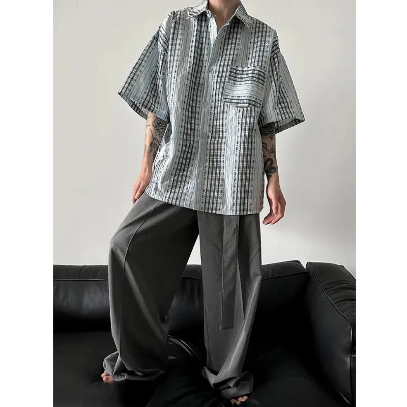 Men's Summer Plaid Oversized Short Sleeve Shirt Loose Fit Casual Streetwear Button Down Blouse For Daily Wear