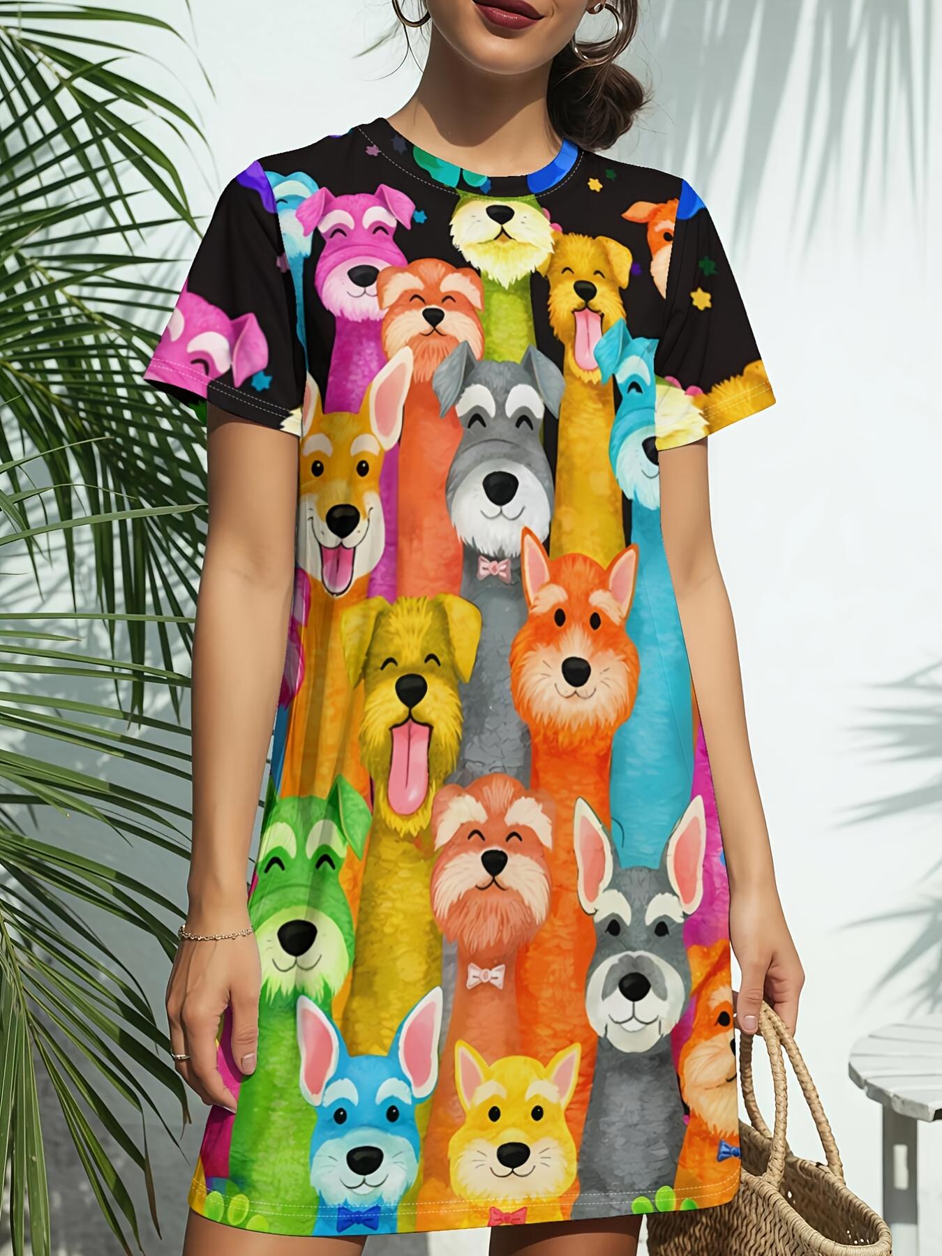

Cute Cat Cartoon PrintNew Women s Round Neck Short-sleeve T-shirt Dress. American-style Trendy Digital Print. Versatile for Spring and Summer Casual W XS дубильна кора