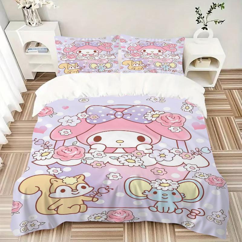 3pcs My Melody and Small Animals Pattern Bedding Set, 1* Cover + 2*Pillowcases, Printed Bedding Set, Soft and Comfortable.W068