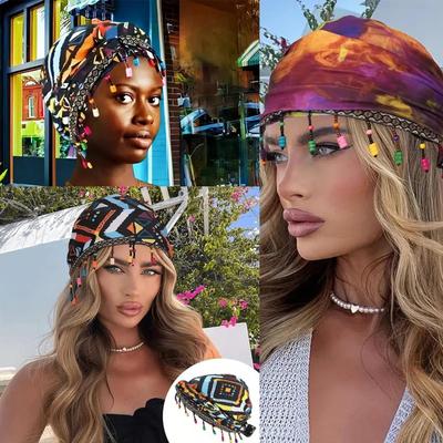 Colorful Beaded Headscarf Cap With Prickly Hair Sticker, Adjustable Pullover Cap, Printed Tail Cap, High Elasticity