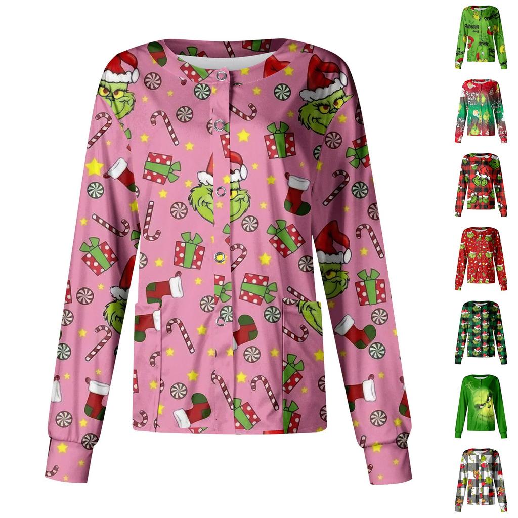 Women's Casual Long Sleeve Single Breasted Christmas Printed Dry- Top