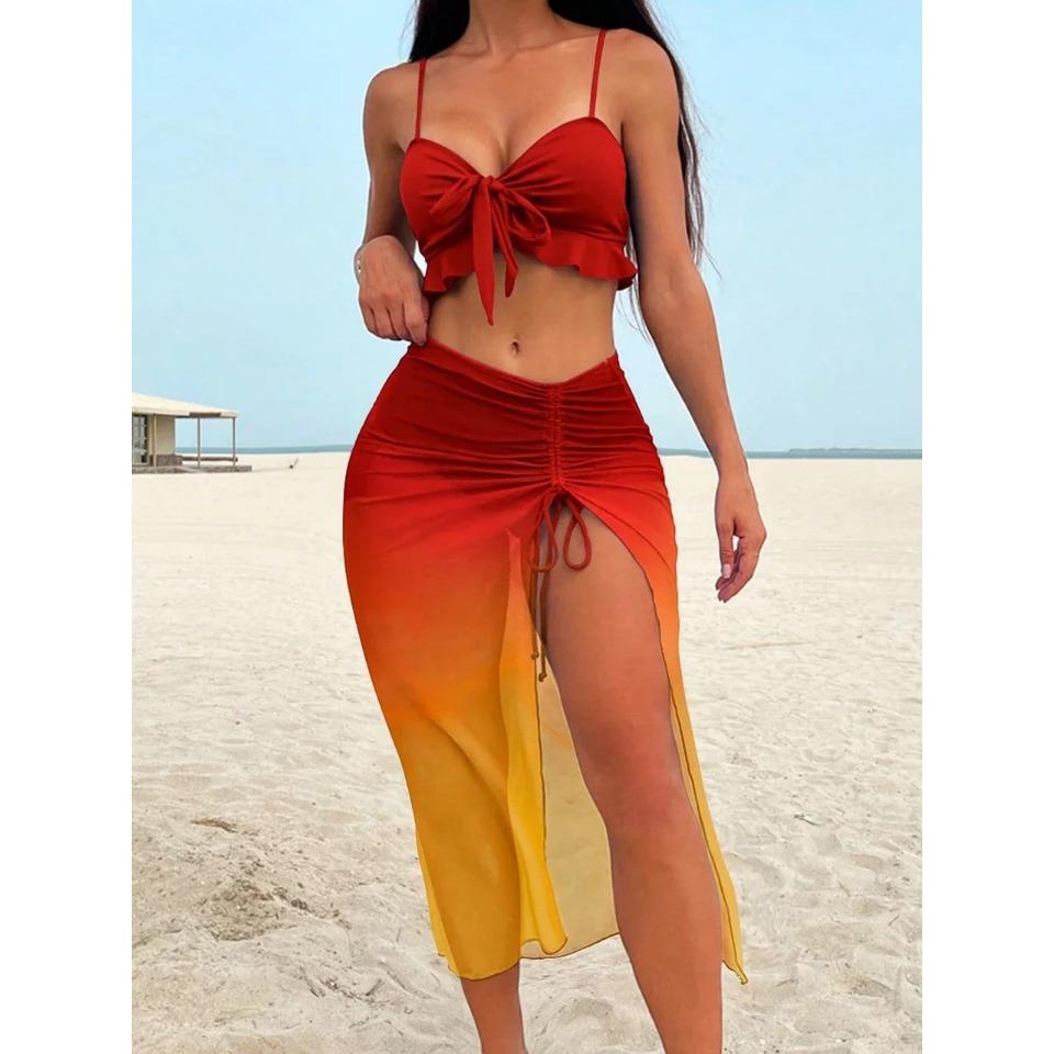 

3 предмета бикини с узором «тай-дай» и узлом спереди 2024 года, женский купальник с оборками и высокой талией, пляжная юбка на шнуровке, купальный костюм XL