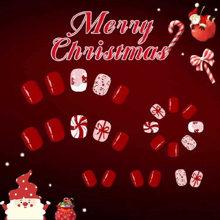 Holiday Party Press On Nail 24PCS Snowflake Candy Cane Designs Lightweight ABS False Nail Christmas Design Easy Apply