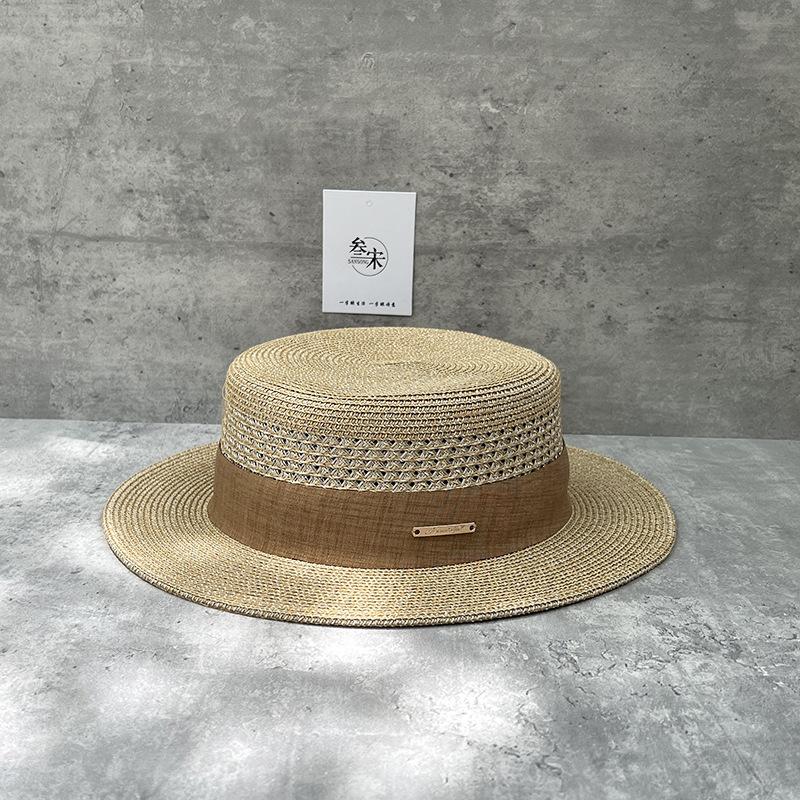 25 Straw Hollow Flat Top Straw Hat Men'S And Women'S Summer Seaside Vacation Beach Sun Hat Elegant Temperament Top Hat