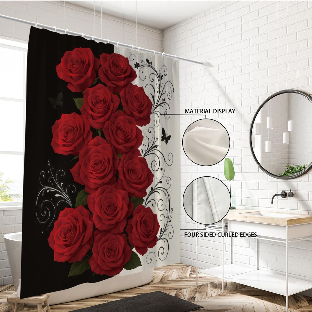 1pc Rose Printed Shower Curtain, Shower Partition, Privacy Hanging Curtain with 12 Hooks, Multiple Sizes, Easy Installation
