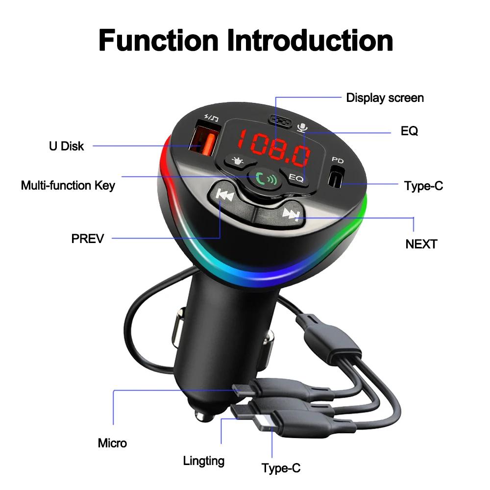 Bluetooth 5.0 FM Transmitter Car MP3 Modulator Player Handsfree Audio Receiver PD+USB Phone Charger With 3 in 1 Charge Cable