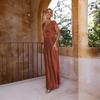 Women Design Short Sleeve Solid Color Ankel-Length Dress V-neck High Waist