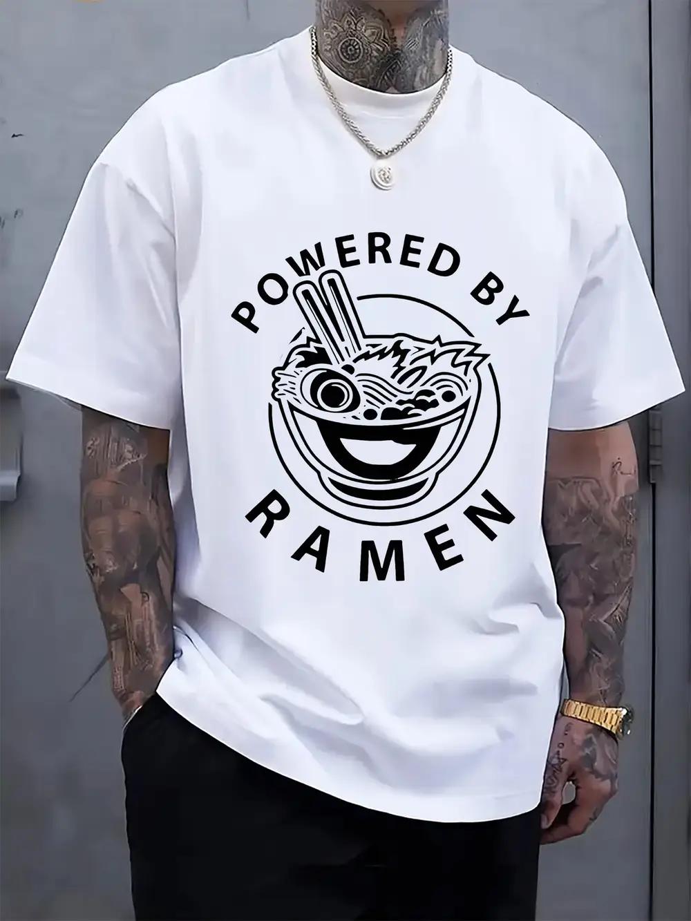 Ramen-Themed T-shirt - Black Casual Crew Neck with Ramen Bowl Graphic M