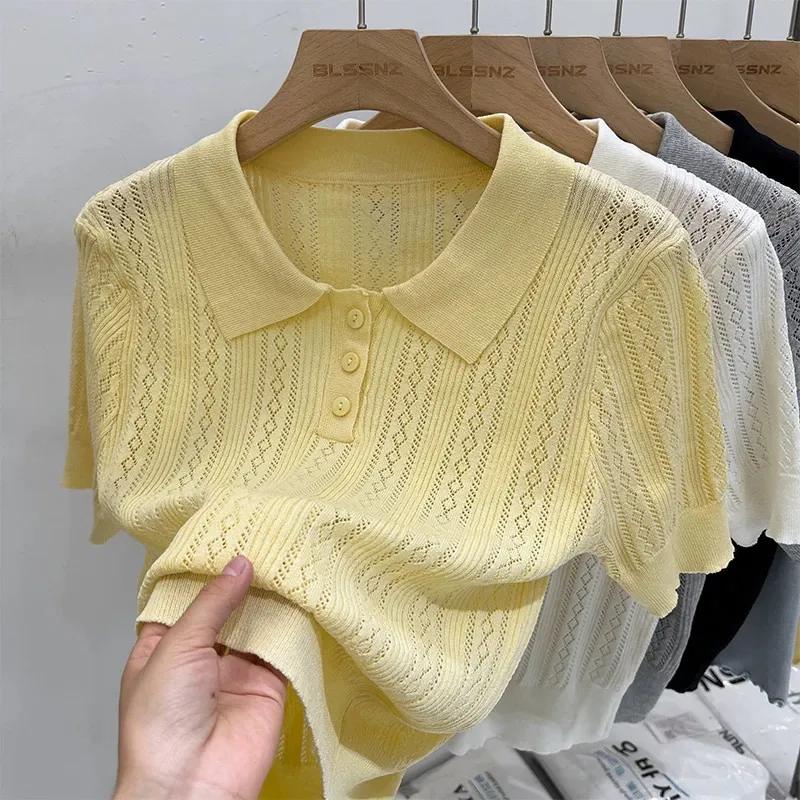 Women's Summer Solid Short-Sleeve Top with Lace-Up Collar Knit Sweater