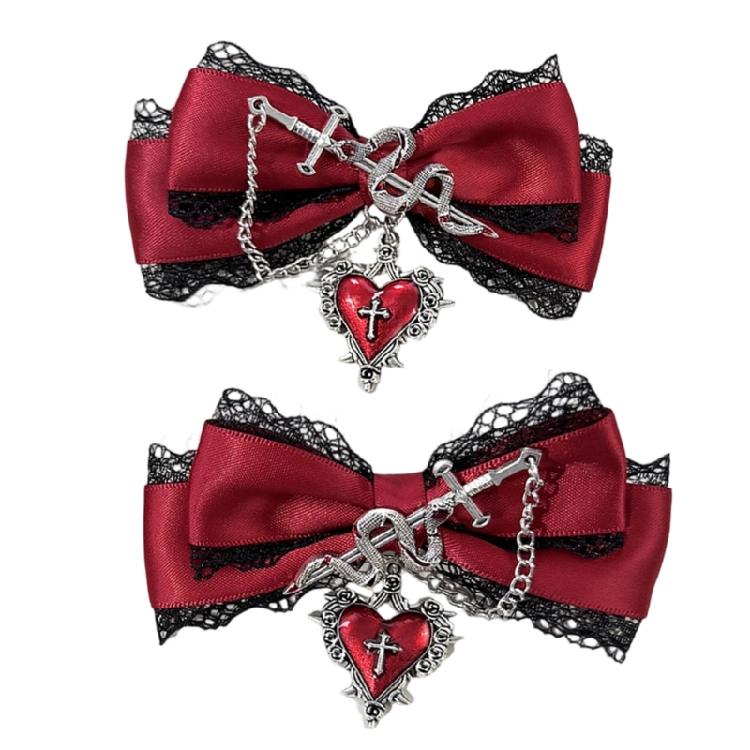 Fermaglio per capelli con design a catena a forma di cuore e fiocco, Barretta in pizzo punk per donna/ragazza, per abbigliamento casual e formale, Accessorio per capelli anime, 2 Pezzi