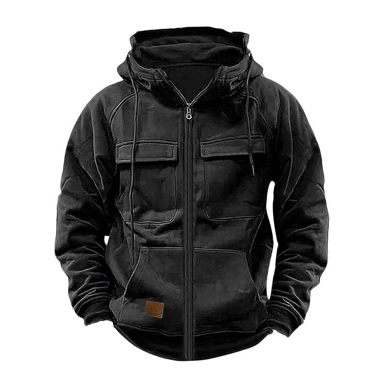 Men S Hooded Solid Color Loose Fit Multi Pocket Zip Sweatshirt