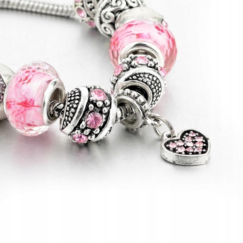 Bracciale Modulare Argento Perline Rosa Ciondoli Regolabile 19 - 22 cm