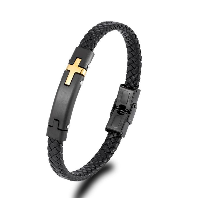 

Trendy Cool Black Leather Rope Cross Bracelet Gold Contrasting Color Ins Internet Famous Style Niche Design Accessory