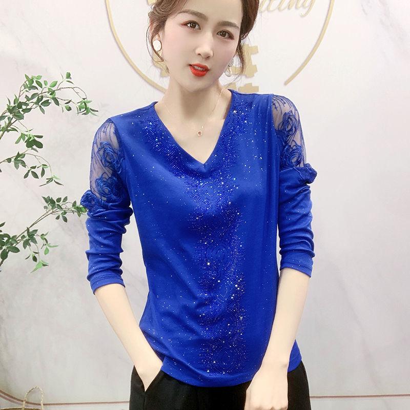 

HI-FASHION газовые однотонные топы с v-образным вырезом и бриллиантами, повседневные тонкие пуловеры с длинными рукавами, футболка, женская одежда XXXL