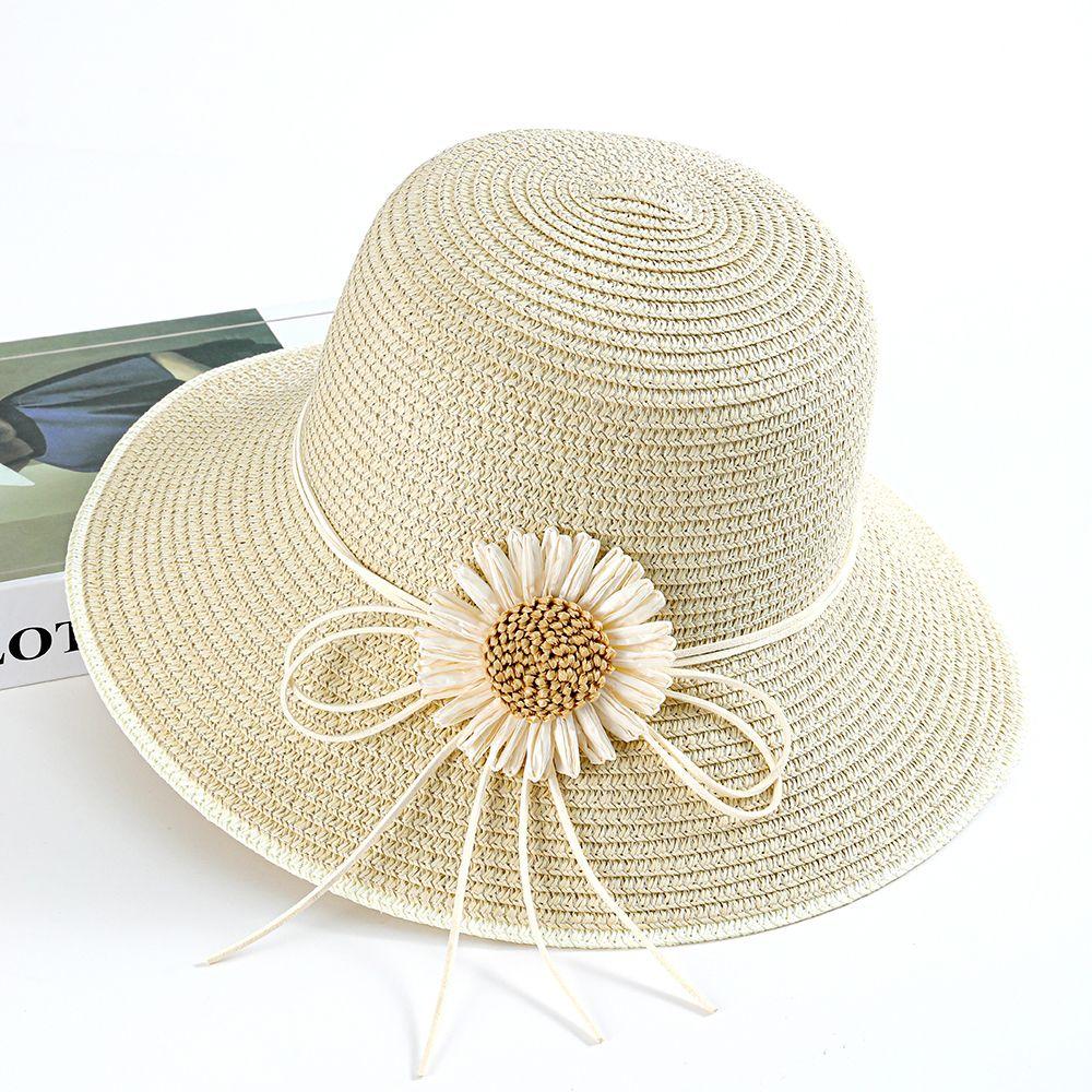 Summer Women's Sun Hat, Flower Embellished Wide Brim Straw Hat, UV Protection Beach Hat for Outdoor Use
