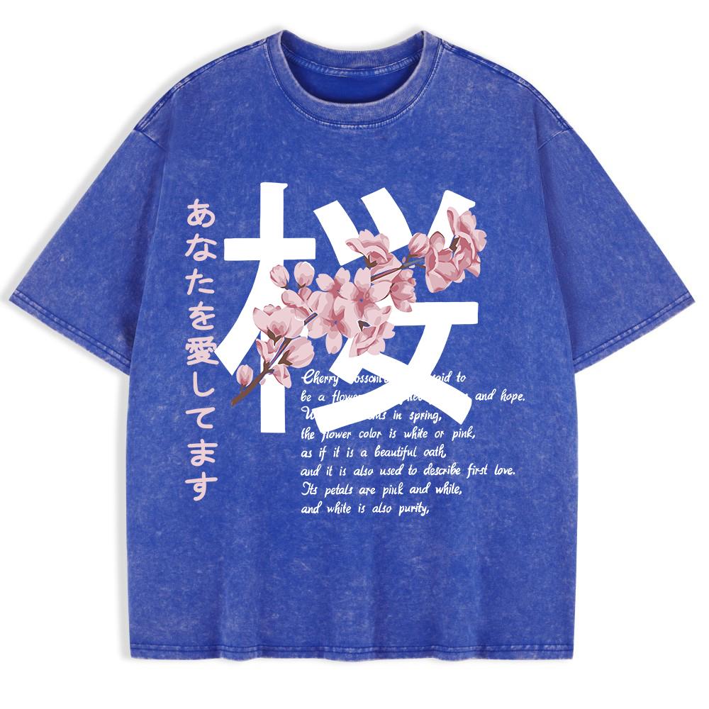 Japan Kirschblüten Aufdruck Gewaschene T-Shirts Herren Baumwolle Kurzarm Oberteile Sommer Rundhals Oversize T-Shirts Basic Kleidung