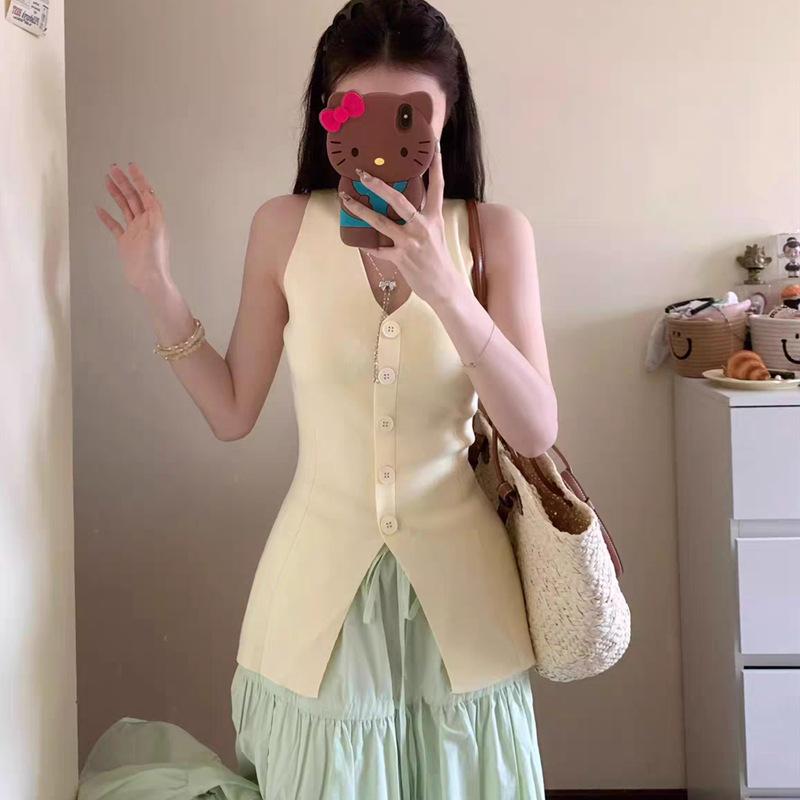 

Summer Spicy Sleeveless Knit V-Neck Camisole for Women One Size чёрный