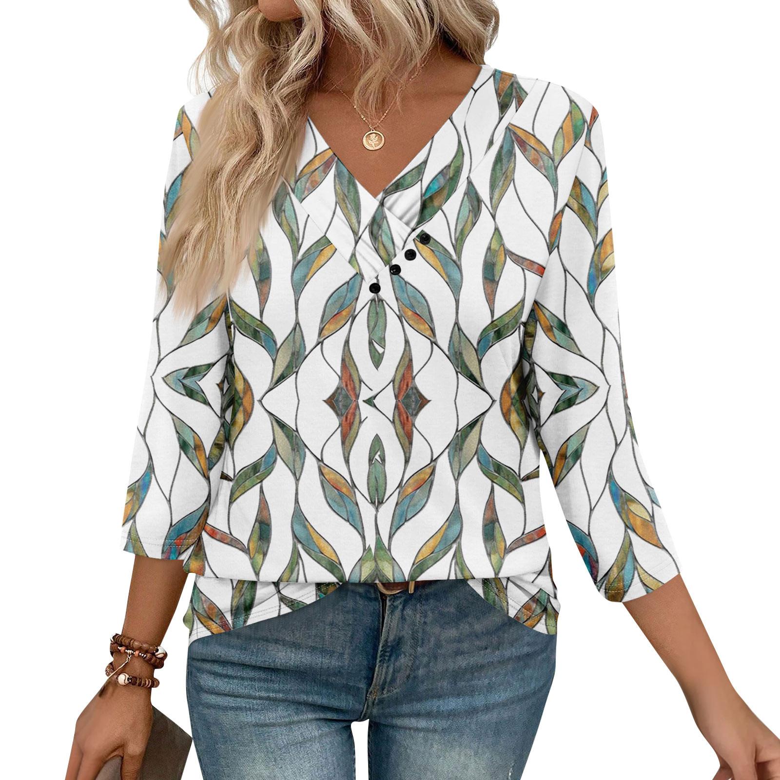 

Womens 3/4 Sleeve Daily Weekend V Neck Casual Printed Tshirts Loose Fit Pleated Tees Button Down Shirts XL білий