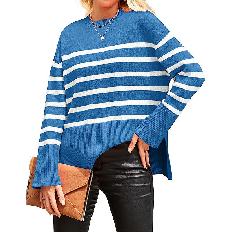 Dámské podzimní zima ležérní oversized svetr s dlouhým rukávem pruhovaný svetr s výstřihem ke krku žebrovaný úplet s bočním rozparkem svetr