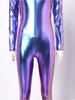 Tuta intera con cappuccio a maniche lunghe e zip frontale, jumpsuit metallica lucida con leggings/collant per donna, festa rave, club