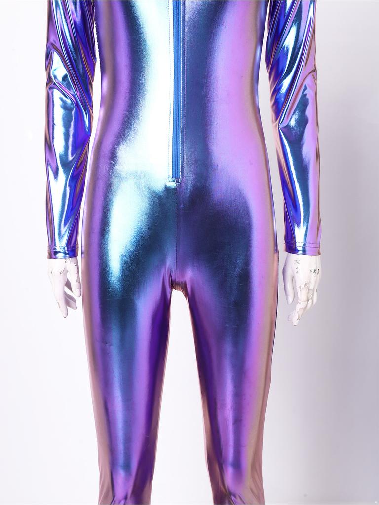Tuta intera con cappuccio a maniche lunghe e zip frontale, jumpsuit metallica lucida con leggings/collant per donna, festa rave, club