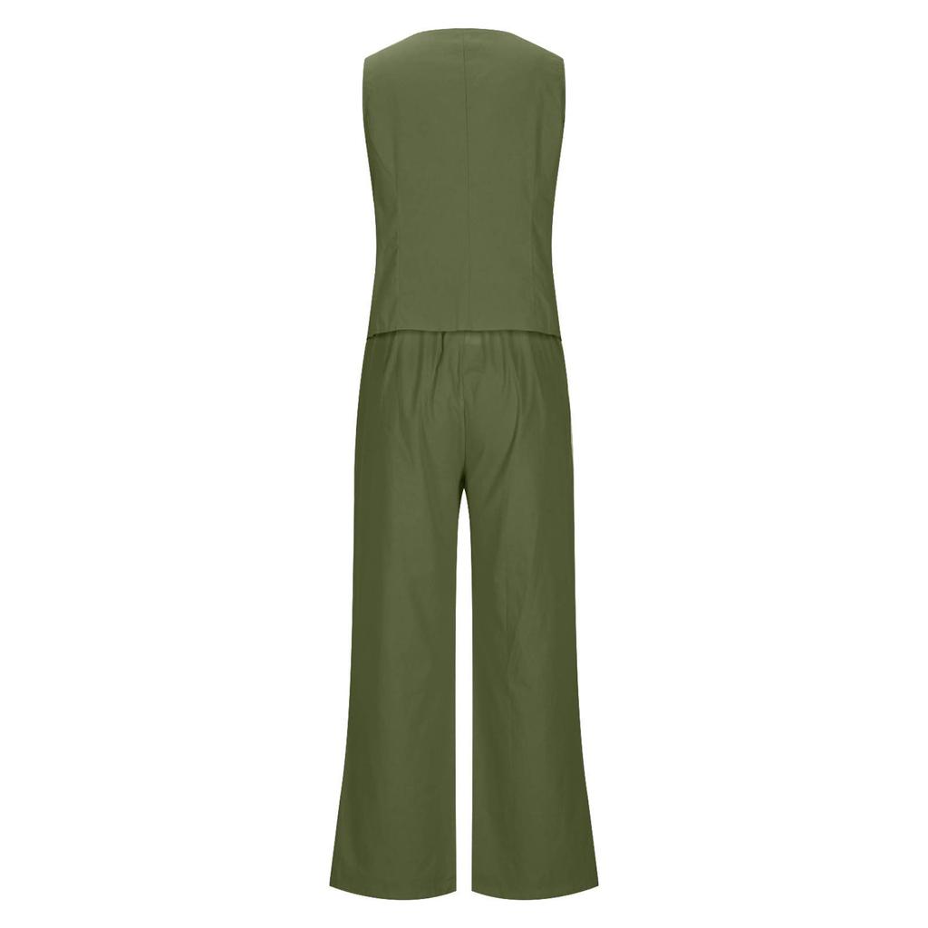 Women's Casual Summer Linen Two-Piece Sleeveless Top High Waist Trousers Beach Vacation Set