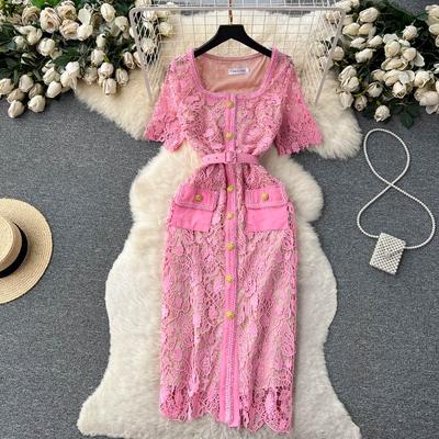 Runway Crochet Lace Embroidery Flower Pencil Dress Summer Party Women Luxury Designer Pink Midi Slim Bodycon Office Dresses