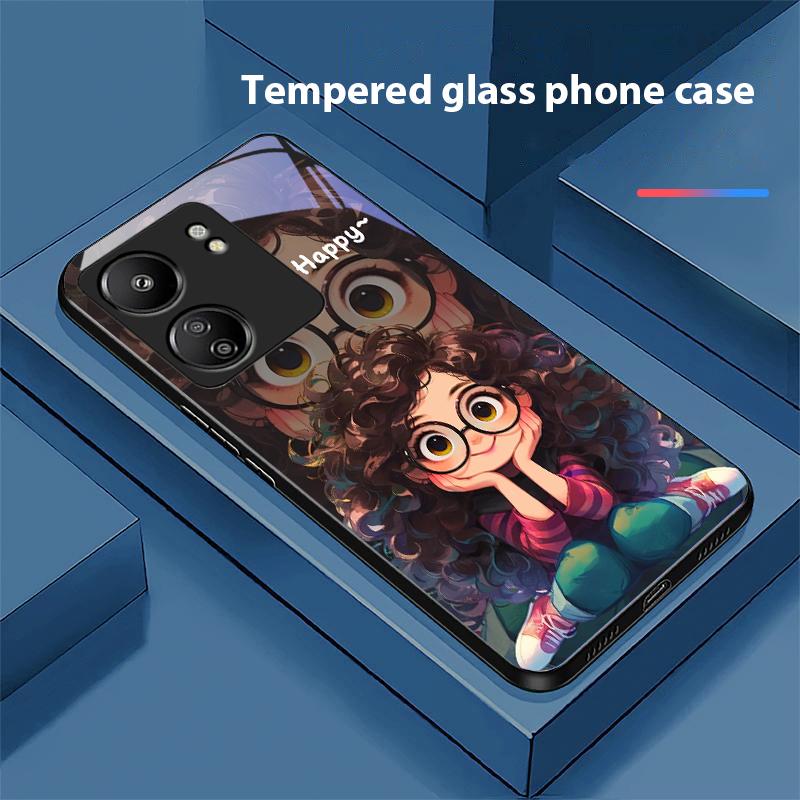 

Curly Haired Girl For Xiaomi Redmi 13C Note13 12 Pro Plus 5G Note 9 13T Pro POCO X6 F5 F6 Black Tempered Glass Phone Case For Redmi 9A