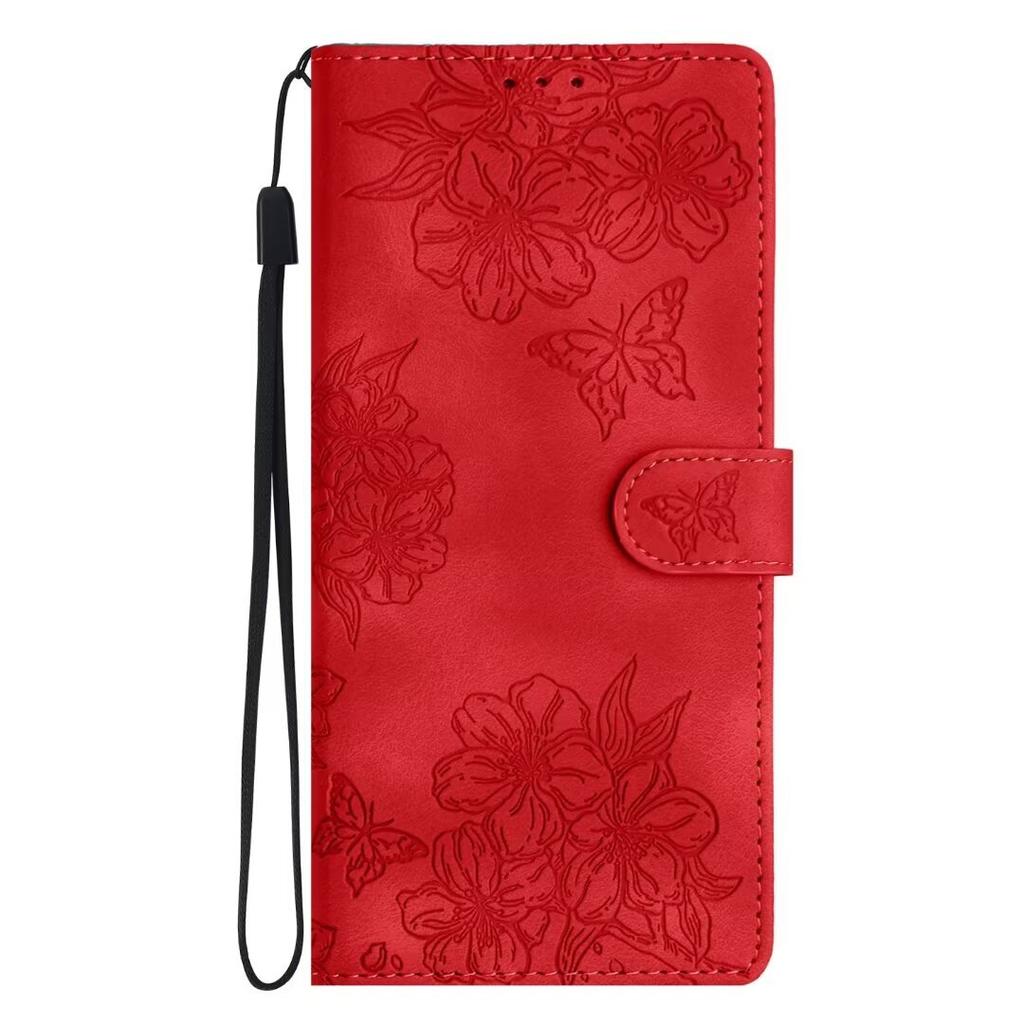 Applicable To Samsung S26 Mobile Phone Leather Case A27 Butterfly Cherry Blossom Embossed Card Wallet Protective Case A05S Matte Solid Color