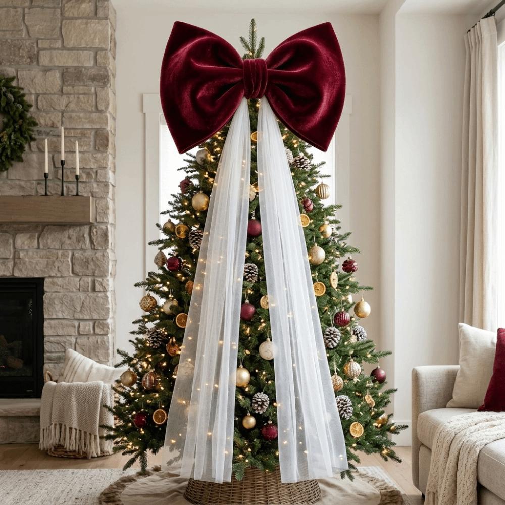 Mesh Tulle Large Velvet Christmas Bow Ornaments Tree Bow with Long Tails Wedding