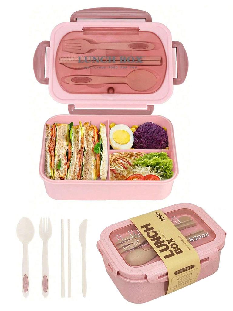 1pc lunch box with two compartments, built-in cutlery set, reusable and microwave heated (with lid removed), suitable for kitche